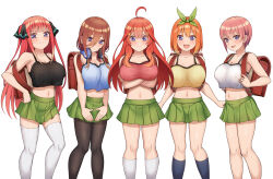 Rule 34 | 5girls, absurdres, aged down, backpack, bag, black camisole, black pantyhose, blue camisole, blue eyes, blunt bangs, breasts, brown hair, butterfly hair ornament, camisole, covered erect nipples, crossed arms, go-toubun no hanayome, green hairband, green skirt, hair between eyes, hair ornament, hairband, highres, kneehighs, komainu (yamaha1997), large breasts, long hair, long hair between eyes, looking at viewer, midriff, miniskirt, multiple girls, nakano ichika, nakano itsuki, nakano miku, nakano nino, nakano yotsuba, navel, open mouth, oppai loli, orange hair, pantyhose, pink hair, pleated skirt, quintuplets, randoseru, red hair, short hair, siblings, simple background, sisters, skirt, smile, socks, standing, thighhighs, twins, two side up, variant set, white background, white socks, white thighhighs