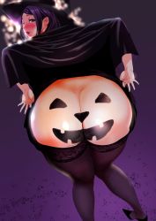 Rule 34 | 1girl, ass, back, black eyes, black hair, blush, from behind, halloween, hat, high heels, huge ass, hyji, lace, lace-trimmed legwear, lace legwear, lace trim, lips, looking at viewer, open mouth, original, parted bangs, plump, pumpkin print, solo, thick thighs, thighhighs, thighs, wide hips, witch, witch hat