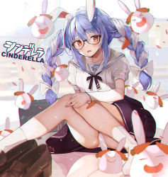 Rule 34 | 1girl, absurdres, animal ear fluff, animal ears, blue hair, blush, bow, bowtie, braid, brown bow, brown bowtie, brown footwear, brown skirt, cinderella (vocaloid), commentary request, frown, glasses, hair between eyes, hair bow, haruhina purple, highres, hololive, knees together feet apart, loafers, looking away, multicolored hair, pekomon (usada pekora), puffy short sleeves, puffy sleeves, rabbit ears, red eyes, sailor collar, shirt, shoes, unworn shoes, short eyebrows, short sleeves, sidelocks, sideways glance, sitting, skirt, socks, solo, thick eyebrows, twin braids, twintails, two-tone hair, usada pekora, virtual youtuber, vocaloid, white bow, white hair, white sailor collar, white shirt, white socks