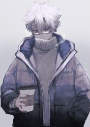 Rule 34 | 1boy, bespectacled, contemporary, cup, dated, disposable cup, glasses, grey background, grey jacket, grey sweater, hair between eyes, hair over one eye, hand in pocket, highres, holding, holding cup, jacket, kimetsu no yaiba, long sleeves, looking at viewer, male focus, odd7qjxrjtueldt, scar, scar on face, scar on forehead, semi-rimless eyewear, shinazugawa sanemi, short hair, simple background, solo, sweater, turtleneck, under-rim eyewear, upper body, white hair, winter clothes