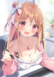 Rule 34 | 1girl, :d, blush, bow, breasts, brown hair, camisole, cleavage, commentary request, day, food-themed hair ornament, hair bow, hair ornament, hand up, holding, holding stylus, indoors, jacket, long hair, long sleeves, looking at viewer, medium breasts, nail polish, off shoulder, one side up, open clothes, open jacket, open mouth, original, pan (mimi), pink jacket, pink nails, puffy long sleeves, puffy sleeves, red eyes, sleeves past wrists, smile, solo, stylus, sunlight, white bow, window