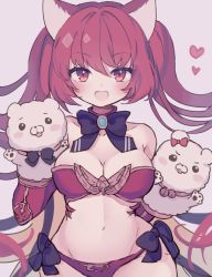 Rule 34 | 1girl, :d, animal ears, bare shoulders, black bow, blush, bow, breasts, cerberus (shingeki no bahamut), cleavage, collarbone, detached sleeves, dog ears, grey background, groin, hair between eyes, hand puppet, hands up, heart, highres, karunabaru, long hair, long sleeves, looking at viewer, medium breasts, navel, open mouth, puppet, red eyes, red hair, red sleeves, shadowverse, simple background, smile, solo, twintails, very long hair