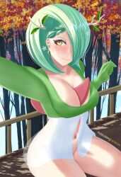 Rule 34 | 1girl, antlers, artist name, between breasts, blush, bottomless, breasts, ceres fauna, cleavage, closed mouth, cosplay, creatures (company), earrings, flower, forest, fuzzlogik, game freak, gardevoir, gardevoir (cosplay), gen 3 pokemon, hair flower, hair ornament, hololive, hololive english, horns, jewelry, large breasts, looking at viewer, mole, mole under eye, nature, navel, nintendo, one eye covered, outdoors, pokemon, sitting, smile, solo, thighs, tree, virtual youtuber