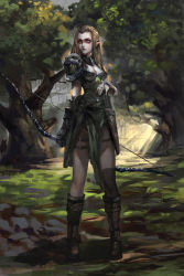 Rule 34 | 1girl, absurdres, armor, arrow (projectile), baka (mh6516620), belt, blonde hair, boots, bow, bow (weapon), braid, breasts, brown footwear, cleavage, elf, facial mark, forest, gorget, green eyes, highres, knee boots, light rays, lips, long hair, nature, pointy ears, quiver, shoulder armor, skull, solo, pauldrons, thigh strap, tree, weapon