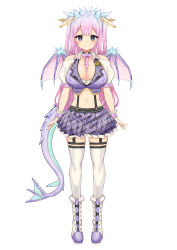 Rule 34 | 1girl, arms at sides, badge, bare shoulders, between breasts, blue eyes, blunt bangs, blush, boots, breasts, bright pupils, button badge, character name, choker, cleavage, closed mouth, clothes lift, crop top, cross-laced footwear, crystal, dragon girl, dragon tail, dragon wings, full body, fur trim, garter straps, gradient hair, half updo, highres, large breasts, layered skirt, long hair, looking at viewer, midriff, miniskirt, multicolored hair, navel, necktie, necktie between breasts, original, otoha rilly, patterned, pink hair, plaid, plaid collar, plaid skirt, purple hair, satou daiji, simple background, skindentation, skirt, skirt lift, smile, solo, standing, suspender skirt, suspenders, tachi-e, tail, thighhighs, very long hair, virtual youtuber, white background, white footwear, white thighhighs, wings, wristband, zettai ryouiki