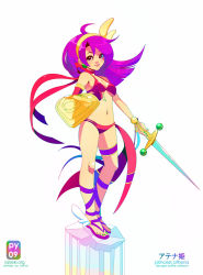 Rule 34 | 1girl, ankle wings, armlet, ashleigh hetrick, athena (series), bikini, breasts, character name, choker, earrings, gladiator sandals, green nails, hairband, jewelry, leg ribbon, long hair, nail polish, princess athena, purple eyes, purple hair, red bikini, ribbon, sandals, shield, smile, snk, solo, swimsuit, sword, thigh ribbon, toenail polish, toenails, toes, underboob, weapon, wings