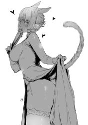 Rule 34 | 1girl, animal ears, ass, bad id, bad pixiv id, blush, breasts, cat ears, cat tail, clothes lift, dress, dress lift, facial mark, final fantasy, final fantasy xiv, folding fan, greyscale, hand fan, heart, highres, holding, holding fan, large breasts, liangjushuang, lifting own clothes, looking at viewer, miqo&#039;te, monochrome, parted lips, short hair, sidelocks, signature, simple background, sleeveless, sleeveless dress, solo, standing, tail, thighhighs, whisker markings, white background, y&#039;shtola rhul