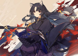 Rule 34 | 1girl, animal ears, arknights, autumn leaves, black gloves, black hair, black kimono, brown background, closed mouth, dog ears, dog girl, elbow gloves, facial mark, feet out of frame, fingerless gloves, forehead mark, glint, gloves, hair ribbon, highres, holding, holding weapon, japanese clothes, kimono, knee pads, leaf, long hair, long sleeves, looking at viewer, maple leaf, mongarit, motion blur, pants, parted bangs, puffy pants, purple pants, ribbon, saga (arknights), signature, smile, solo, very long hair, weapon, wide sleeves, yellow ribbon