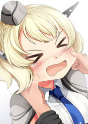 Rule 34 | &gt; &lt;, 1girl, blonde hair, blouse, blue necktie, blush, braid, breasts, capelet, cheek pinching, colorado (kancolle), commentary request, crown braid, facing viewer, garrison cap, gradient background, hat, headgear, highres, kantai collection, medium breasts, necktie, open mouth, pinching, shirt, short hair, side braids, sleeveless, solo, solo focus, tears, upper body, wavy mouth, white background, white shirt, yasume yukito