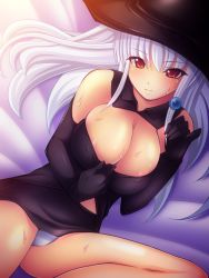Rule 34 | 1girl, areola slip, bad id, bad pixiv id, blush, breasts, cleavage, elbow gloves, female focus, gloves, hair ornament, hat, hotaru (akappera), large breasts, light smile, long hair, lying, mole, mole under eye, on back, original, panties, red eyes, solo, sweat, underwear, white hair