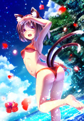 Rule 34 | 1girl, :d, alternate costume, animal ears, arm up, armpits, ass, bad anatomy, barefoot, beach, bikini, brown hair, cat ears, cat tail, chen, day, earrings, fang, feet, flower, hibiscus, highres, jewelry, md5 mismatch, multiple tails, navel, ocean, open mouth, outdoors, red bikini, red eyes, ryosios, shading eyes, side-tie bikini bottom, single earring, smile, soles, solo, swimsuit, tail, touhou, water