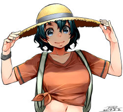 Rule 34 | 10s, 1girl, aged up, black eyes, black hair, happa (cloverppd), hat, kaban (kemono friends), kemono friends, looking at viewer, navel, shirt, short hair, short sleeves, smile, solo, straw hat, tied shirt, wristband