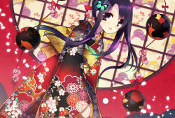 Rule 34 | 1girl, :o, ball, blush, cowboy shot, fang, floral print, frilled sleeves, frills, hair ornament, japanese clothes, kimono, long hair, long sleeves, looking at viewer, open mouth, original, parted lips, petals, purple eyes, purple hair, rugo, smile, wide sleeves
