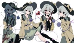 Rule 34 | 1girl, black headwear, blood, blood on face, bow, buttons, corded phone, diamond button, floral print, frilled shirt collar, frilled sleeves, frills, hat, hat bow, highres, kiliko-san, komeiji koishi, light green hair, looking at viewer, multiple views, phone, rose print, smile, third eye, touhou, wavy hair, white background, wide sleeves