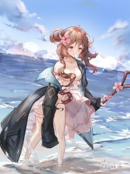 Rule 34 | 1girl, absurdres, animal ears, arknights, beach, black jacket, blue sky, blush, breasts, brown hair, collarbone, dutch angle, eyjafjalla (arknights), eyjafjalla (summer flower) (arknights), flower, food, hair flower, hair ornament, highres, holding, holding staff, horns, jacket, lens flare, medium breasts, miaodun nyasu, mouth hold, nude, ocean, off shoulder, official alternate costume, open clothes, open jacket, outdoors, oversized clothes, pink eyes, pink flower, popsicle, sarong, sheep ears, sheep girl, sheep horns, sky, soaking feet, staff, thigh strap, wading, water, white sarong