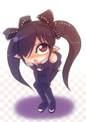 Rule 34 | 1girl, backbeako (torotei), backbeard, black dress, black footwear, black gloves, black hair, black ribbon, black thighhighs, blush, checkered background, commentary request, dress, elbow gloves, gegege no kitarou, gloves, hair over one eye, hair ribbon, hands on own knees, highres, leaning forward, long hair, looking at viewer, open mouth, original, partial commentary, pointy ears, red eyes, ribbon, ringed eyes, shadow, simple background, sleeveless, sleeveless dress, solo, thighhighs, torotei, twintails, v-shaped eyebrows, white background