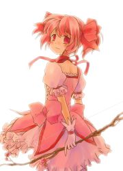 Rule 34 | 10s, blush, bow (weapon), from behind, gloves, kaname madoka, light smile, looking back, magical girl, mahou shoujo madoka magica, mahou shoujo madoka magica (anime), momoiro, pink eyes, pink hair, short hair, simple background, solo, twintails, weapon, white gloves