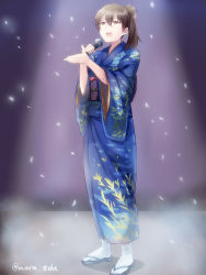 Rule 34 | 10s, 1girl, absurdres, alternate costume, brown eyes, brown hair, full body, gradient background, hair between eyes, highres, japanese clothes, kaga (kancolle), kantai collection, kimono, maruki (punchiki), microphone, music, obi, open mouth, petals, sandals, sash, singing, solo, stage lights, tabi, twitter username