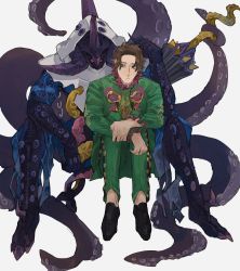 Rule 34 | 1boy, bad id, bad pixiv id, bbbb fex, daiouika deadman, deadmen (kamen rider revice), eldritch abomination, full body, giant squid, gifftex, goat, green eyes, green jacket, green pants, highres, holding, holding weapon, jacket, kamen rider, kamen rider revice, male focus, mexican clothes, monster, monster boy, olteca (kamen rider revice), pants, paranegro, red eyes, sitting, squid, sword, tentacles, umbrella, weapon, white background