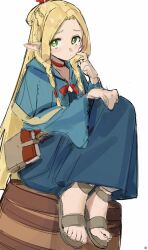 Rule 34 | 1girl, absurdres, barrel, blonde hair, blue capelet, blue dress, blush, bow, bowtie, braided sidelock, brown footwear, capelet, choker, closed mouth, commentary, dorsiflexion, dress, dungeon meshi, elf, feet, forehead, full body, green eyes, hair bow, hand on own knee, hands up, highres, hood, hood down, knees up, long hair, long sleeves, looking at viewer, marcille donato, pointy ears, red bow, red bowtie, red choker, sandals, simple background, sitting, sketch, solo, songchuan li, symbol-only commentary, toenails, toes, unfinished, very long hair, white background, wide sleeves