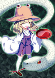 Rule 34 | 1girl, absurdres, alcohol, blonde hair, blunt bangs, brown footwear, brown headwear, commentary request, cup, forked tongue, green background, hair ribbon, highres, holding, holding cup, light particles, loafers, long hair, long sleeves, looking at viewer, miniskirt, moriya suwako, purple skirt, purple vest, red ribbon, ribbon, sakazuki, sake, shirt, shoes, skirt, skirt set, smile, snake, solo, standing, thighhighs, tongue, tongue out, touhou, uneven eyes, vest, white shirt, white snake, white thighhighs, wide sleeves, yamanakaume, yellow eyes, zettai ryouiki