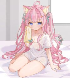 Rule 34 | 1girl, absurdres, ahoge, animal ear fluff, animal ears, blue bow, blue eyes, blue hair, blue ribbon, bow, breasts, cat ears, cat girl, cleavage, commission, dress, hair ornament, hair ribbon, hairpin, highres, indie virtual youtuber, itigori ena, long hair, looking at viewer, on bed, open mouth, pink hair, ribbon, saekiya sabou, shirt, skeb commission, sweat, tail, tail ornament, tail ribbon, towel, twintails, virtual youtuber, white shirt
