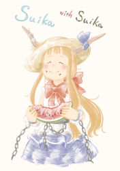Rule 34 | 1girl, blonde hair, blue skirt, bow, chain, chii-kun (seedyoulater), closed eyes, commentary request, eating, english text, food, food on face, frills, fruit, hat, horns, ibuki suika, long hair, oni horns, pun, red bow, shirt, skirt, smile, solo, standing, straw hat, suikawari, torn clothes, torn sleeves, touhou, watermelon, white background, white shirt