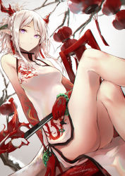 Rule 34 | 1girl, arknights, artist name, bare shoulders, bead bracelet, beads, bracelet, breasts, china dress, chinese clothes, commentary request, dress, feet out of frame, horns, jewelry, long hair, looking at viewer, nian (arknights), nian (unfettered freedom) (arknights), official alternate costume, pointy ears, purple eyes, sakusyo, signature, silver hair, sitting, sleeveless, sleeveless dress, small breasts, solo, thighs, white dress