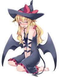 Rule 34 | 1girl, alternate costume, bare shoulders, barefoot, blonde hair, blush, braid, cosplay, d:, demon girl, demon girl (cosplay), demon horns, demon tail, demon wings, dress, full body, hammer (sunset beach), hat, horns, jpeg artifacts, kirisame marisa, long hair, open mouth, seiza, shy, simple background, single braid, sitting, sleeveless, sleeveless dress, solo, tail, touhou, v arms, wavy hair, white background, wings, witch hat, yellow eyes