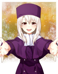 Rule 34 | 1girl, blush, breasts, capelet, fate/stay night, fate (series), fur hat, hat, highres, illyasviel von einzbern, jacket, long hair, long sleeves, looking at viewer, meme, mochi (k620803n), open mouth, outstretched arms, papakha, purple hat, purple jacket, red eyes, scarf, small breasts, smile, solo, white hair, white scarf
