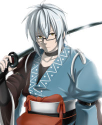 Rule 34 | 1boy, backlighting, bad id, bad pixiv id, bridal gauntlets, choker, collarbone, frown, glasses, highres, katana, male focus, morichika rinnosuke, over shoulder, pouch, short hair, silver hair, simple background, solo, sword, sword over shoulder, touhou, try (lsc), weapon, weapon over shoulder, white background, yellow eyes