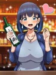 Rule 34 | 1girl, :d, absurdres, alcohol, amano kosame, blue eyes, blue hair, blurry, blurry background, bottle, breasts, earrings, grey shirt, heart, highres, hitokiwa kenchin, indoors, jewelry, large breasts, looking at viewer, medium hair, necklace, open mouth, shirt, smile, snack basue, solo, wine bottle