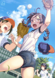 Rule 34 | 3girls, arm up, ball, bandaid, bandaid on arm, baseball, baseball cap, baseball glove, baseball stadium, baseball uniform, blue shorts, blue sky, blurry, braid, brown eyes, cloud, commentary request, day, depth of field, dirty, dirty clothes, faceless, faceless female, facing viewer, gym uniform, hair ornament, hairclip, hat, highres, multiple girls, open mouth, original, outdoors, pairan, scenery, school uniform, shirt, short sleeves, shorts, sky, solo focus, sportswear, sweat, twin braids, upper body, white shirt