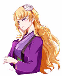 1girl artist_name blonde_hair breasts eiyuu_densetsu japanese_clothes kimono kuro_no_kiseki_(series) large_breasts long_hair lucrezia_isselee parted_bangs portrait purple_eyes sidelocks simple_background smile solo upper_body wavy_hair white_background xiacheng_tatsuya