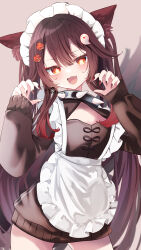 Rule 34 | 1girl, absurdres, alternate costume, animal ears, apron, black shirt, breasts, claw pose, fingernails, flower, flower-shaped pupils, genshin impact, ghost hair ornament, hair flower, hair ornament, halloween, highres, hu tao (genshin impact), jersey maid, long fingernails, long hair, long sleeves, maid, maid headdress, open mouth, poteo, red eyes, red hair, shirt, small breasts, symbol-shaped pupils, unconventional maid, very long hair, wa maid, white apron