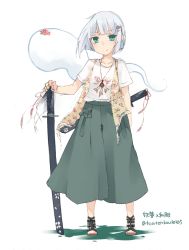 Rule 34 | 1girl, alternate costume, blunt bangs, blush, collarbone, contemporary, full body, green eyes, green skirt, highres, jewelry, konpaku youmu, konpaku youmu (ghost), looking at viewer, nail polish, open clothes, open vest, pendant, sandals, sheath, sheathed, shirt, short hair, silver hair, simple background, skirt, smile, solo, sword, touhou, toutenkou, vest, weapon, white background, white shirt
