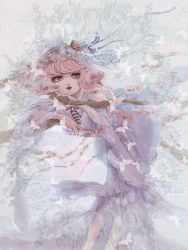 Rule 34 | 1girl, bad id, bad pixiv id, branch, brooch, bug, butterfly, cherry blossoms, doily, hat, hat ribbon, bug, jewelry, nazo (mystery), open mouth, pale color, pink eyes, pink hair, ribbon, saigyouji yuyuko, short hair, solo, touhou, white theme, wide sleeves