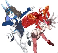 Rule 34 | 10s, 2girls, adapted costume, ass, black hair, blue eyes, blue hair, blush stickers, bow, breasts, claw (weapon), commentary request, detached collar, detached sleeves, doll joints, drill hair, garie tuman, grin, hair bow, hairband, joints, leaning forward, leg up, leotard, long hair, looking at viewer, micha jawkan, multicolored hair, multiple girls, necktie, outstretched arms, pale skin, phenne, playboy bunny, red eyes, red hair, senki zesshou symphogear, sharp teeth, shoes, short hair, simple background, small breasts, smile, teeth, twintails, weapon, white background