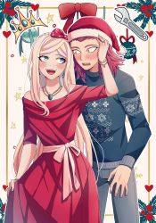 Rule 34 | 1boy, 1girl, alternate costume, bare shoulders, black sweater, blonde hair, blue eyes, blush, bow, bracelet, braid, cheer (cheerpuppy14), christmas ornaments, collarbone, commentary, crown, danganronpa (series), danganronpa 2: goodbye despair, dress, earrings, english commentary, hair bow, heart, hetero, highres, jewelry, long hair, long sleeves, looking at another, medium hair, nail polish, necklace, open mouth, red bow, red dress, red hair, red headwear, sharp teeth, smile, soda kazuichi, sonia nevermind, sweater, teeth, upper teeth only, white nails, wrench