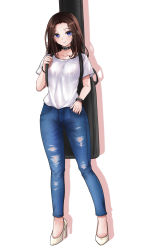 Rule 34 | 1girl, bang dream!, black choker, blue eyes, blush, breasts, brown hair, choker, closed mouth, denim, full body, hand in pocket, high heels, highres, holding strap, instrument case, jeans, looking at viewer, medium breasts, medium hair, no socks, pants, parted bangs, ptal, shadow, shirt, short sleeves, sidelocks, simple background, smile, solo, standing, t-shirt, torn clothes, torn jeans, torn pants, wakana rei, white background, white footwear, white shirt, wristband