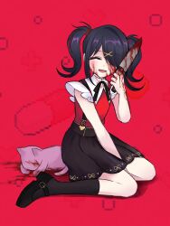 Rule 34 | 1girl, ame-chan (needy girl overdose), black eyes, black hair, black ribbon, black skirt, blood, blood on face, collar, collared shirt, hair ornament, hair over one eye, hair tie, hairclip, highres, holding, holding knife, human experiment (wwinterdotcom), knife, neck ribbon, needy girl overdose, red shirt, ribbon, shirt, shirt tucked in, skirt, solo, suspender skirt, suspenders, twintails, white collar, x hair ornament