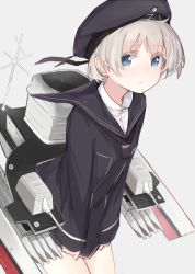 Rule 34 | 10s, 1girl, beret, blue eyes, blush, clothes writing, dress, hat, kantai collection, kojiki-life, looking at viewer, personification, sailor collar, sailor dress, sailor hat, short hair, silver hair, simple background, solo, z1 leberecht maass (kancolle)