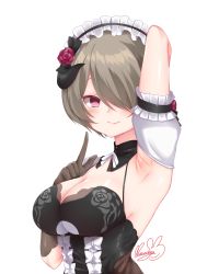Rule 34 | 1girl, apron, armpits, arms behind head, black gloves, breasts, brown hair, cleavage, closed mouth, gloves, hair over one eye, highres, honkai (series), honkai impact 3rd, looking at viewer, maid, maid apron, maid headdress, momoko nico, purple eyes, rita rossweisse, rita rossweisse (umbral rose), short hair, simple background, smile, solo, white background