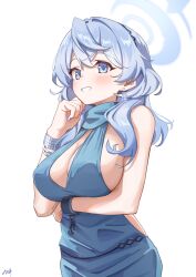 Rule 34 | 1girl, absurdres, ako (blue archive), ako (dress) (blue archive), arm under breasts, bare arms, bare shoulders, blue archive, blue dress, blue hair, blue halo, bracelet, breasts, chain, commentary, cuffs, dress, earrings, hair between eyes, halo, highres, jewelry, large breasts, light blush, long hair, looking at viewer, nail polish, nuurise2023, official alternate costume, parted lips, plunging neckline, purple nails, shackles, sideboob, sideless dress, signature, simple background, sleeveless, sleeveless dress, smile, solo, upper body, white background