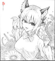 Rule 34 | 1girl, absurdres, animal ears, braid, breasts, cat ears, cat girl, cat tail, commentary request, extra ears, fang, greyscale, highres, kaenbyou rin, ke-su, large breasts, long sleeves, looking at viewer, monochrome, multiple tails, nekomata, open mouth, pointy ears, side braids, solo, tail, touhou, twin braids, two tails, upper body