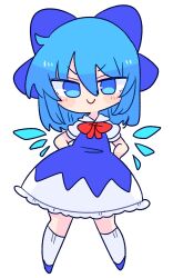 Rule 34 | 1girl, blue bow, blue dress, blue eyes, blue footwear, blue hair, bow, cirno, collared shirt, dress, flat chest, hair bow, highres, ice, ice wings, long dress, neck ribbon, op na yarou, pinafore dress, red ribbon, ribbon, shirt, short hair, simple background, sleeveless dress, smile, socks, solo, touhou, white background, white shirt, wings