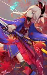 Rule 34 | 1girl, asymmetrical hair, back bow, black thighhighs, blue eyes, blue kimono, bow, choker, dual wielding, fate/grand order, fate (series), floral print, from side, grey background, hair rollers, highres, holding, holding sword, holding weapon, japanese clothes, katana, kimono, long hair, looking at viewer, miyamoto musashi (fate), miyamoto musashi (third ascension) (fate), ponytail, red bow, short kimono, signature, silver hair, solo, sword, thighhighs, weapon, yuuta (806350354)
