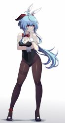 Rule 34 | 1girl, ahoge, alternate costume, arm under breasts, arm up, bare shoulders, black pantyhose, blue hair, blush, bow, bowtie, breast hold, breasts, chinese knot, cleavage, detached collar, eyelashes, full body, ganyu (genshin impact), genshin impact, goat horns, gradient background, high heels, highres, horns, leotard, long hair, looking to the side, medium breasts, pantyhose, playboy bunny, pom pom (clothes), purple eyes, rea loixacra, red bow, red bowtie, red horns, sidelocks, solo, standing, thinking, white background, wing collar, wrist cuffs