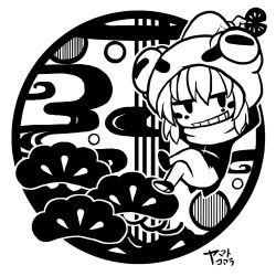 Rule 34 | arms behind head, black footwear, borrowed clothes, circle, commentary, crossed legs, fog, frog hat, full body, half-closed eyes, highres, horizontal pupils, jacket, long hair, looking at viewer, monochrome, open mouth, original, pants, pointy hair, scarf, signature, smile, solid oval eyes, teeth, yamato koara