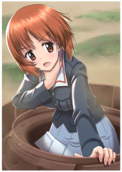 Rule 34 | 1girl, arm support, blue jacket, brown eyes, brown hair, commentary request, day, frown, girls und panzer, hand on own throat, jacket, leaning forward, long sleeves, military, military uniform, nishizumi miho, ooarai military uniform, open mouth, outdoors, outline, short hair, solo, t k, tank cupola, uniform, white outline